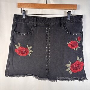 Forever 21 Y2K Jean Skirt Womens 30 Grunge Embroidered Roses Studded Denim Fest
